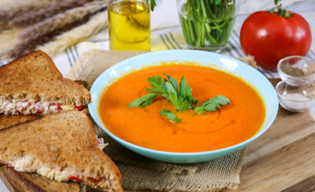 Tomato Basil Soup With Grilled Pimento Cheese Sandwiches
