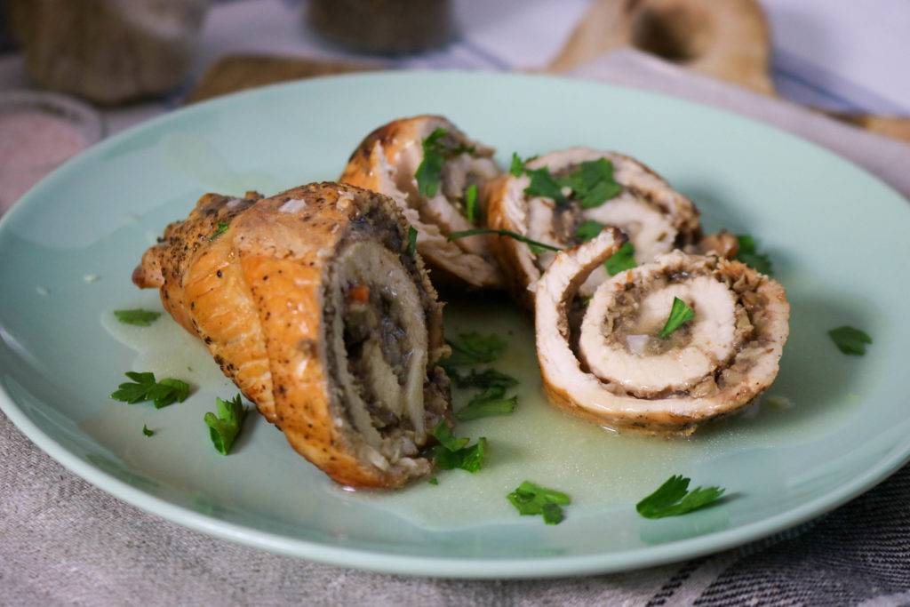 Healthy Turkey Roulade with Mushroom Stuffing and Blueberry Thyme Gravy