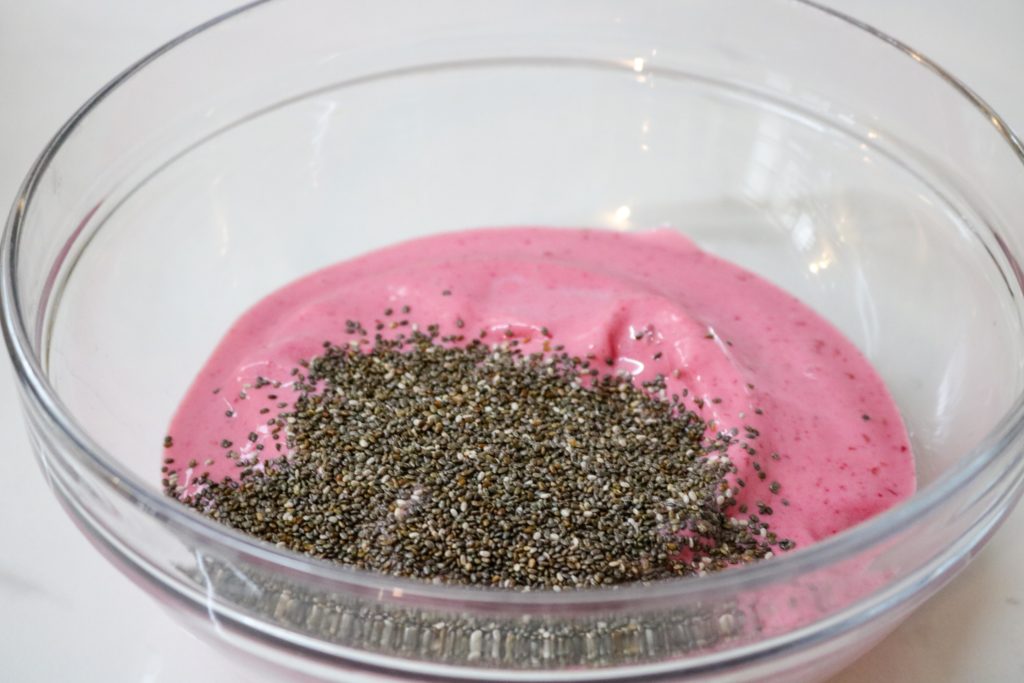Pour into a bowl and whisk in chia seeds