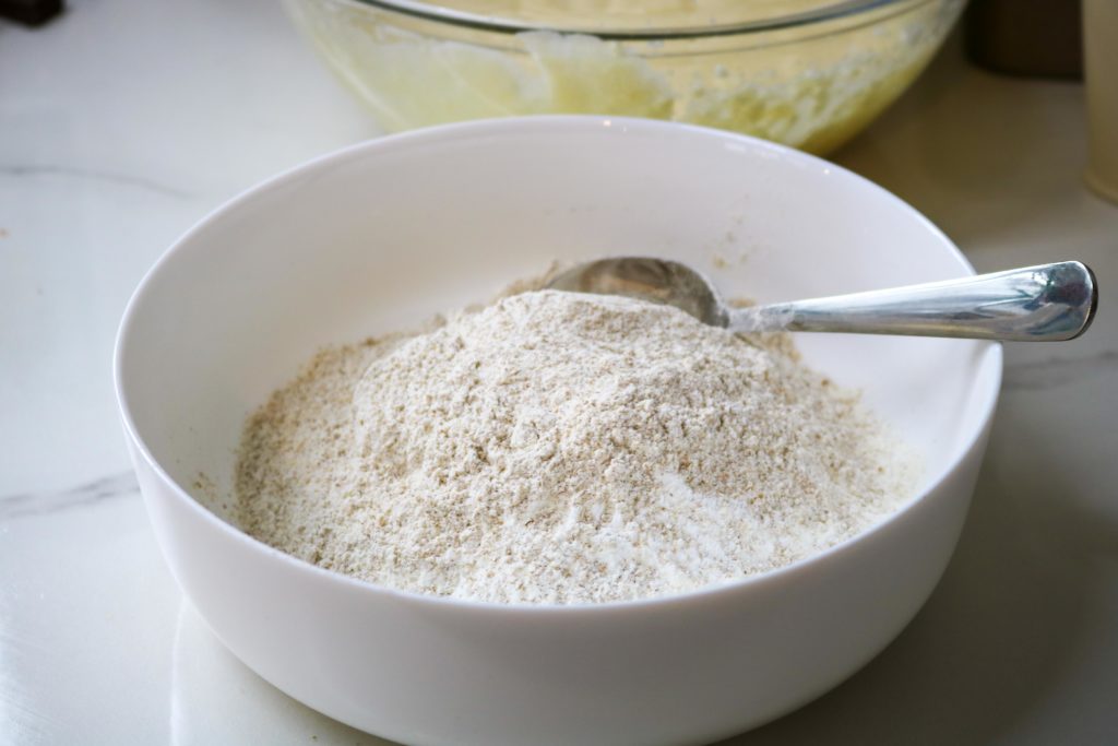 whisk together the all-purpose flour, whole wheat flour, baking soda, baking powder and salt